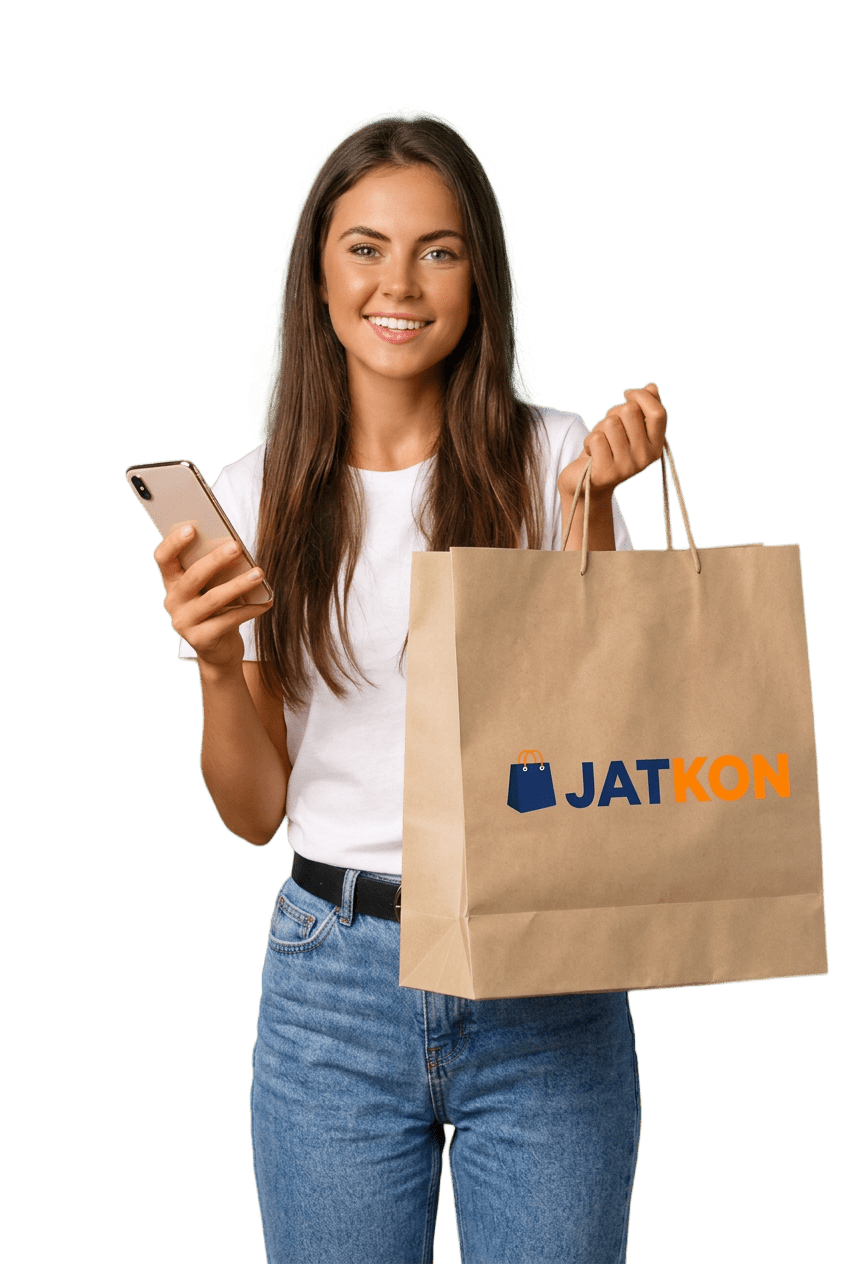 mujer-sosteniendo-un-smartphone-y-una-bolsa-de-compras-de-jhatkon-para-el-banner-de-autorregalo-y-satisfacción-personal