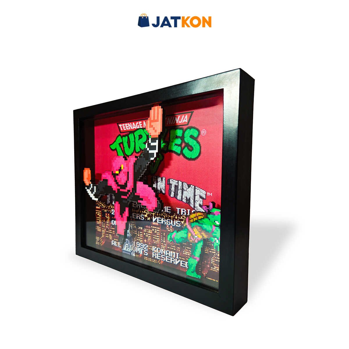 Detalle de capas parallax en cuadro shadow box TMNT retro gaming.