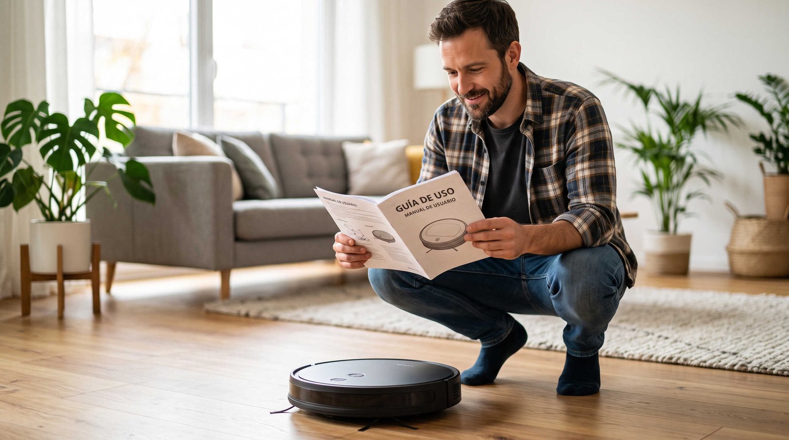 Hombre leyendo el manual de usuario de un robot aspirador inteligente en su sala de estar.