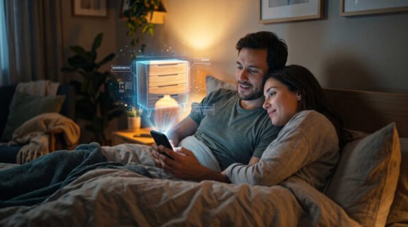 Pareja en la cama mirando en el celular un catálogo virtual con holograma de un mueble para el hogar.