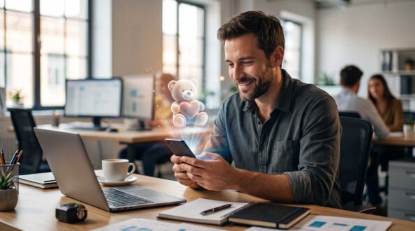 Hombre sonriendo en su oficina mientras mira en su celular el holograma de un oso de peluche con un corazón para regalo.