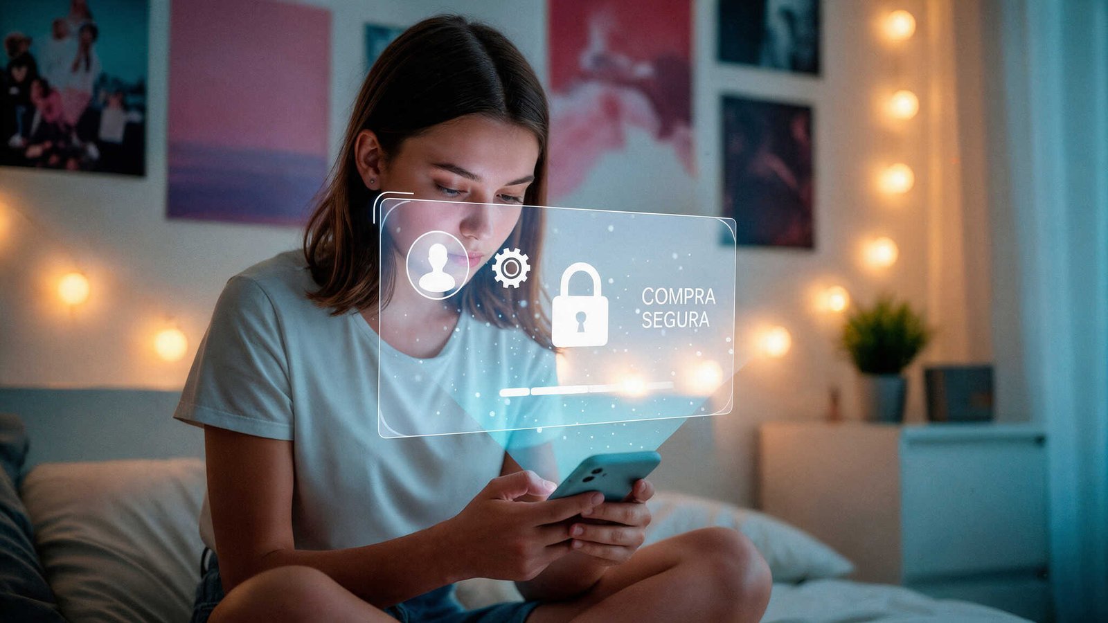 Mujer joven usando su celular en su habitación con un panel holográfico flotante que muestra un candado de seguridad y el texto COMPRA SEGURA.